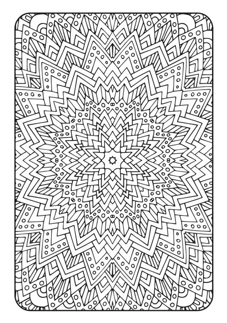 May include: Black and white geometric mandala design. The intricate pattern features a central star shape surrounded by layers of detailed, symmetrical shapes, including zigzags, dots, and lines. This coloring page is perfect for relaxation and creativity.