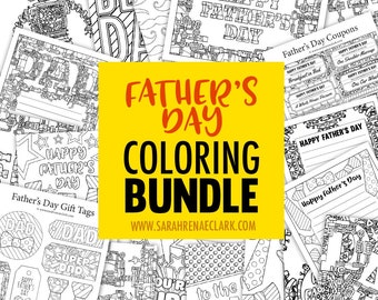 May include: A Father's Day coloring bundle with a yellow banner that says "Father's Day Coloring Bundle" and a website address. The bundle includes coloring pages with various designs, including a robot, a tie, and the words "Happy Father's Day".