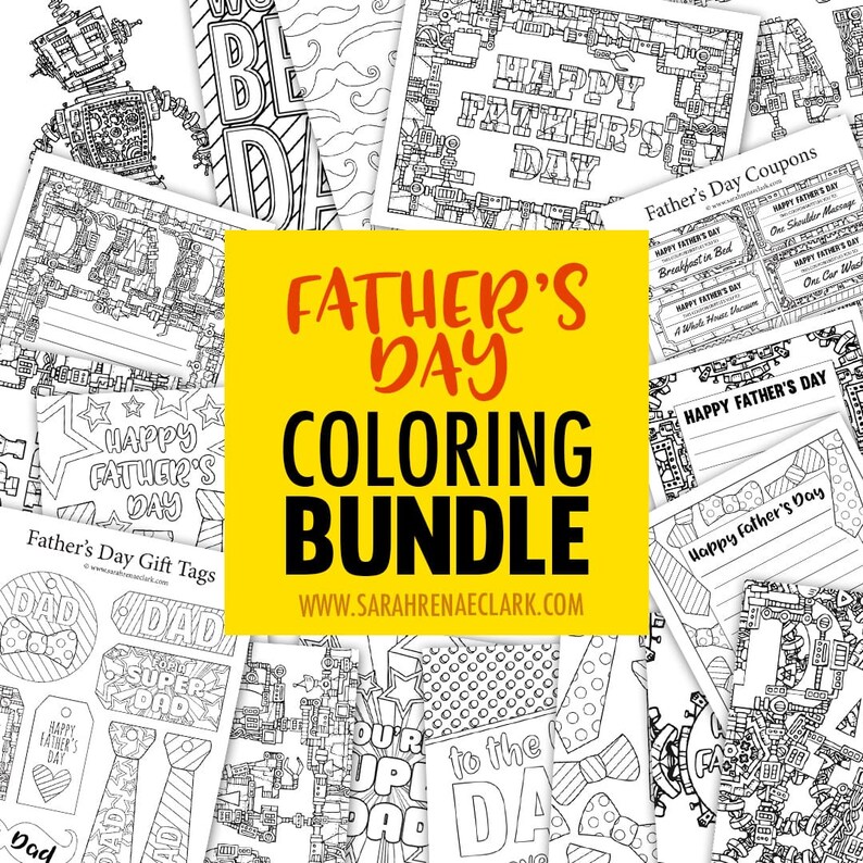 K&ouml;nnte beinhalten: Ein Vatertags-Malbuch-Paket mit einem gelben Banner, auf dem "Father's Day Coloring Bundle" und eine Website-Adresse stehen. Das Paket enth&auml;lt Malvorlagen mit verschiedenen Designs, darunter ein Roboter, eine Krawatte und die Worte "Happy Father's Day".
