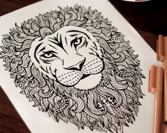 Adult Coloring - Intricate Lion Coloring Page - A4 digital download printable PDF