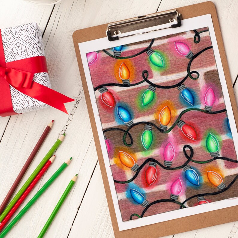 May include: A drawing of a brick wall with a string of colorful Christmas lights hanging on it. The lights are in various colors, including red, green, blue, yellow, and pink.