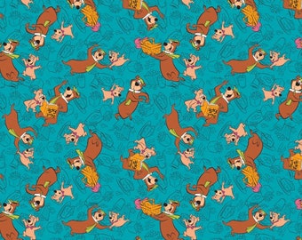 Yogi Bear Hanna Barbera Characters in Stars Teal Cotton Fabric By the Yard
