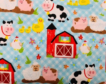 Farm Animals Rooster Chicken Cow Horse Pig Sheep Ducks Cat on Blue Farm Novelty Fabric Farm Animals Comfy Flannel Fabric