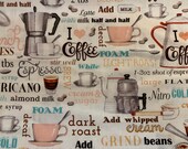 Coffee house fabric, novelty fabric, espresso, coffee cup, coffee grinder, I love coffee fabric