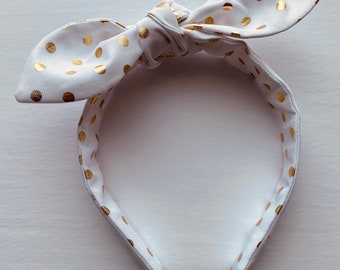 White & gold polka dot top knot Headband, hair accessory, Christmas headband, hair bow, vintage inspired headband, Non slip