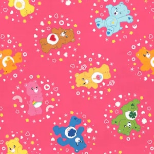 Pink Care Bears Belly Badge Cotton Fabric, licensed fabric, 80's fabric, cartoon fabric, character fabric, bears, toys fabric