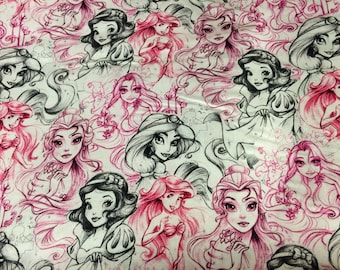 Disney Princess pink & black sketch fabric, Disney fabric, Belle, Jasmine fabric, princess fabric, cartoon fabric,