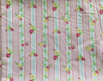 Pink floral stripe fabric, cottage core, romantic, shabby chic, floral fabric, flower fabric, cotton fabric