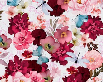 Pink & crimson flower fabric, blue butterflies fabric, nature fabric, novelty fabric, floral fabric