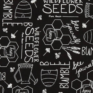 Black bumblebee Bee fabric, black chalkboard fabric, spring fabric, bee fabric, insect fabric,