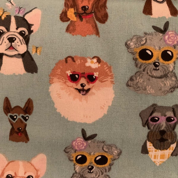 Puppy dogs on blue fabric, dog fabric, puppy fabric, animal fabric, pets, cotton fabric