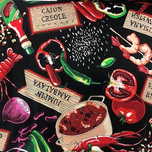 Louisiana cajun fabric, jambalaya fabric, black fabric, New Orleans fabric, kitchen, food fabric, organic veggies,