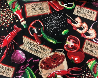 Louisiana cajun fabric, jambalaya fabric, black fabric, New Orleans fabric, kitchen, food fabric, organic veggies,