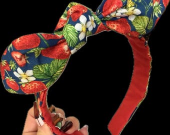 Strawberry Top Knot Bow Headband, hair accessory, cotton fabric headband, Non slip