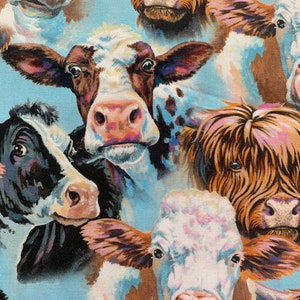 Painting inspired cow fabric, cow fabric, country, farm style, pasture, prairie fabric, cotton fabric, farm house fabric