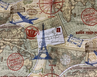 Journey Around World fabric, European travel fabric, novelty fabric, world, map, globe, countries, cotton fabric, passports