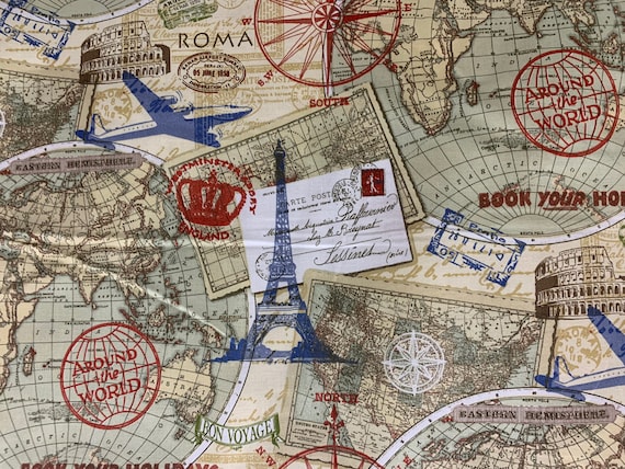 Journey Around World fabric, European travel fabric, novelty fabric, world, map, globe, countries, cotton fabric, passports