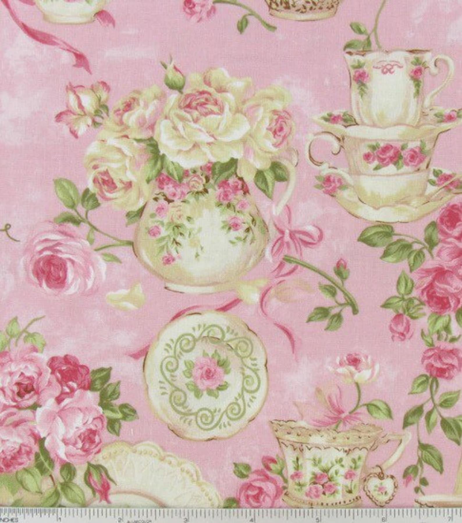 Pink Shabby Chic Style Floral Fabric, Rose Garden Teacup Fabric, Shabby ...
