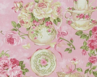 Pink Shabby Chic style floral fabric, rose garden teacup fabric, shabby fabric, cottage style, English style fabric, country chic