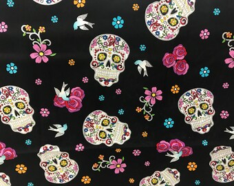 Black Sugar Skull glitter fabric, rose fabric, skull fabric, Day of the dead fabric