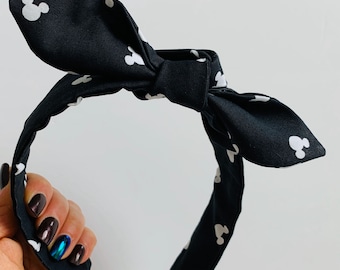 Black Mickey Mouse head logo top knot Headband, hair accessory, Mickey headband, hairbow, vintage inspired headband, Magic Kingdom headband,