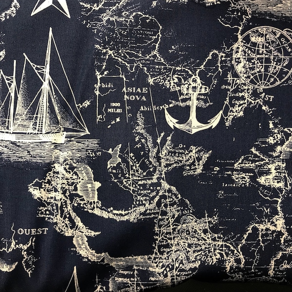 Seven seas & globes World Map fabric, novelty fabric, world, map, globe, countries, cotton fabric, ships, navy blue fabric