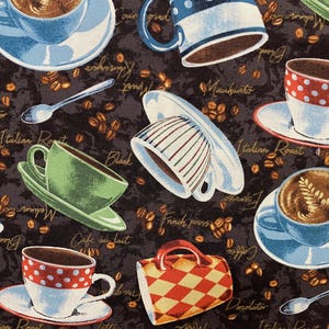 May include: Fabric with a coffee theme featuring various coffee cups, saucers, and coffee beans on a dark brown background. Some cups have polka dots or stripes. Text includes "Italian Roast" and "Cafe au lait".