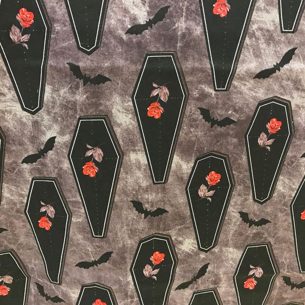 Rose coffins & black bats on gray background Halloween fabric, bats fabric, Halloween night, spooky, coffin, red rose fabric