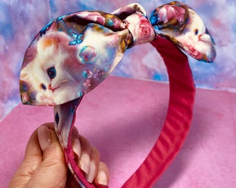 Cute Kitty Cat top knot bow headband, Japanese inspired hair accessory, hair bow, Non slip, cat lover, fantasy cat