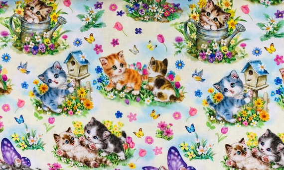 White kitten fabric, cat fabric, cute fabric, animal fabric, pets, cotton fabric, playing kitty cats