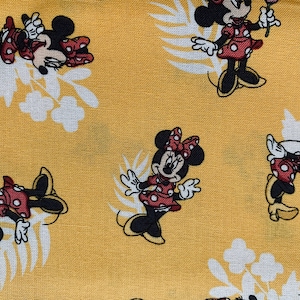 Minnie Mouse on yellow background fabric, Disney fabric,  Pretty Minnie cartoon fabric, Minnie Mouse fabric, Minnie and flowers fabric