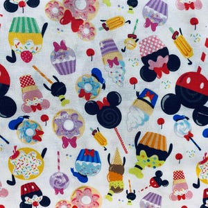 Mickey & Minnie Mouse Disney Snacks on white fabric, Disney fabric, Mickey, cartoon fabric, Mickey fabric, Minnie fabric