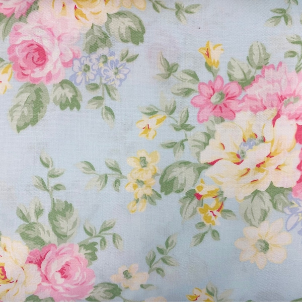 Light blue Shabby Chic style floral fabric, rose fabric, shabby fabric, cottage style, English style fabric, blue fabric