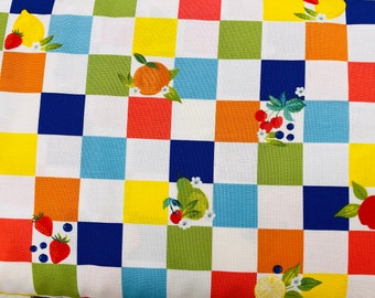 Fruit check fabric, summer fruit fabric, fruit fabric, novelty fabric, summertime, white background fabric