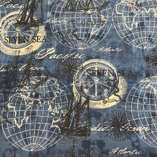 Seven seas & globes World Map fabric, novelty fabric, world, map, globe, countries, cotton fabric, ships