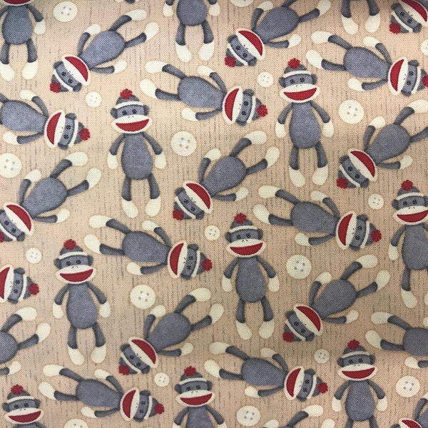 Sock monkey fabric, monkey fabric, beige fabric, kids fabric, cartoon fabric, cotton fabric, stuffed toy