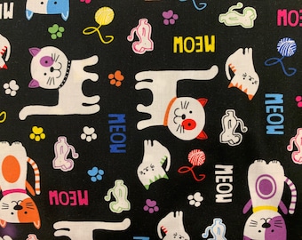 White cat fabric, kitten fabric, kitty cats fabric, animal fabric, pets, cotton fabric, black background