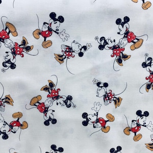 Vintage inspired Mickey & Minnie Mouse on white fabric, Disney fabric, Mickey, cartoon fabric, Mickey fabric, Minnie fabric