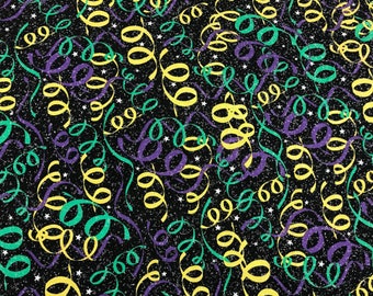 Mardi Gras black glitter curly streamer fabric, New Orleans fabric, celebration pattern, Fat Tuesday, Carnival, French Quarter