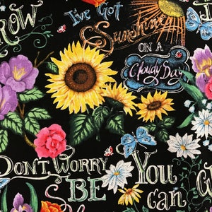 Chalkboard style inspirational positive affirmations fabric, inspirational fabric, Be happy fabric, sunflower