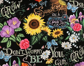 Chalkboard style inspirational positive affirmations fabric, inspirational fabric, Be happy fabric, sunflower