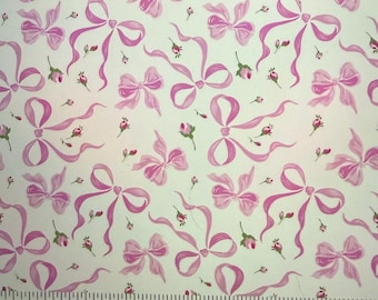 Bows & Rosebuds fabric, coquette fabric, shabby chic fabric, cotton fabric, white background