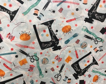 Vintage inspired sewing machine fabric, sewing fabric, seamstress fabric, novelty fabric, craft room fabric, pin cushion fabric, scissors, p