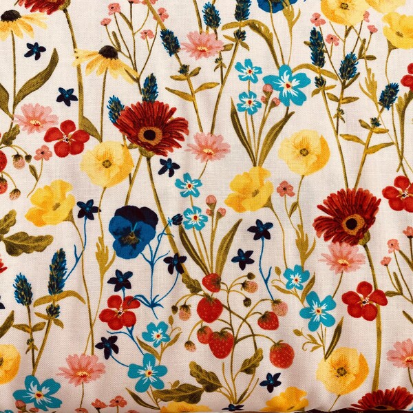 Cream floral fabric, flower fabric, wildflowers fabric, novelty fabric, blue flowers fabric, floral cotton fabric