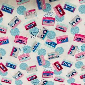 80&#39;s cassette fabric, white fabric, cotton fabric, novelty fabric, music, retro inspired