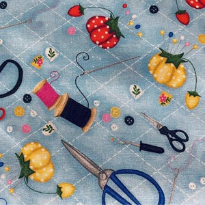 Sewing seamstress fabric, sewing fabric, seamstress fabric, novelty fabric, craft room fabric, pin cushion fabric, scissors