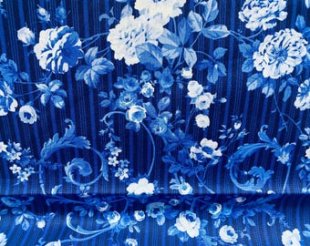 Blue floral scroll fabric, flower fabric, blue background, cotton, fabric