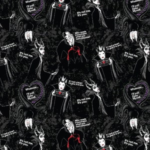 Disney Villains women character fabric featuring Cruella De Vil, The evil queen, Maleficent, Disney fabric, Disney villains