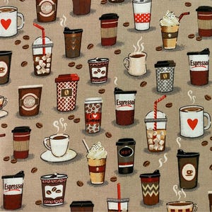 Coffee fabric, coffe latte fabric, novelty fabric, espresso, coffee cup, coffee shop