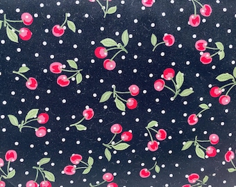 Cherry fabric, summer fruit fabric, fruit fabric, novelty fabric, summertime, black fabric, retro style fabric